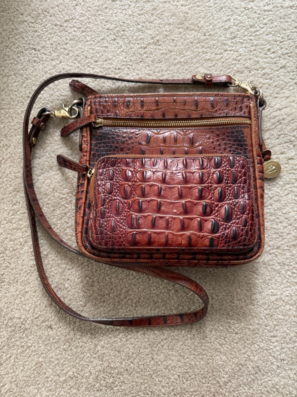 Brahmin Pecan Melbourne Croc-Embossed Crossbody with Front Zip Pocket